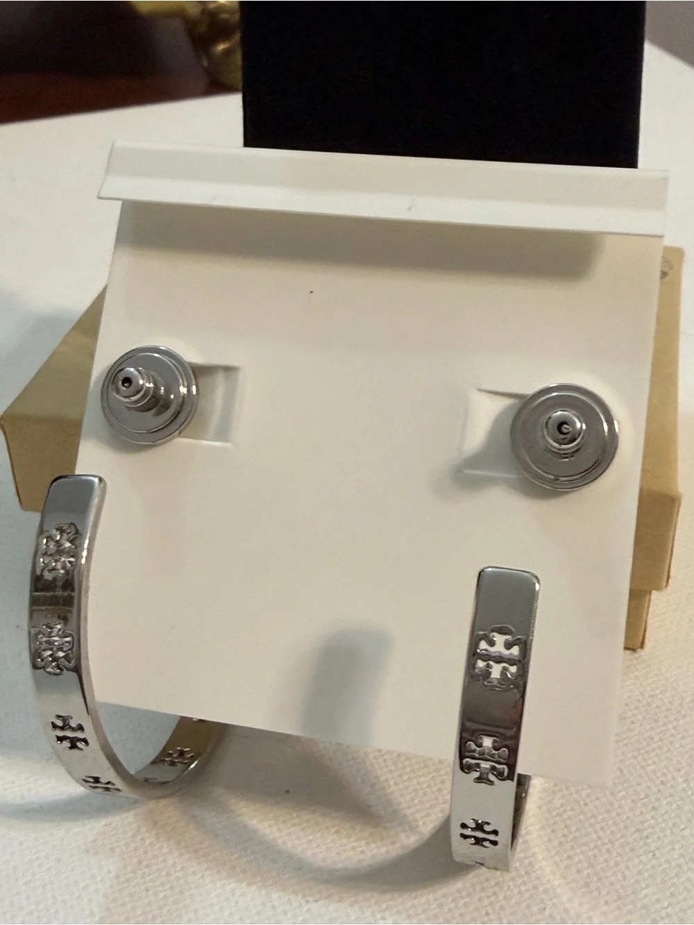 Tory Burch Silver Pierced T Cutout Double Logo Hoop Earrings NWT